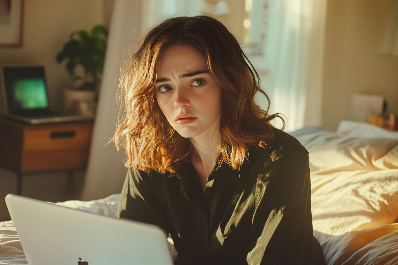 Eine besorgte Frau sitzt auf einem Bett mit einem Laptop | Quelle: Midjourney