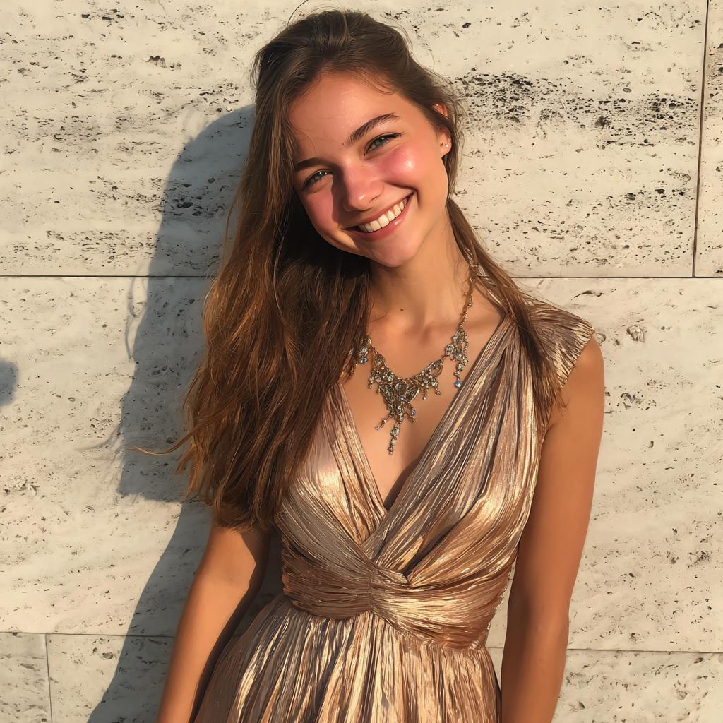 Ein lächelndes Mädchen in einem goldenen Kleid | Quelle: Midjourney