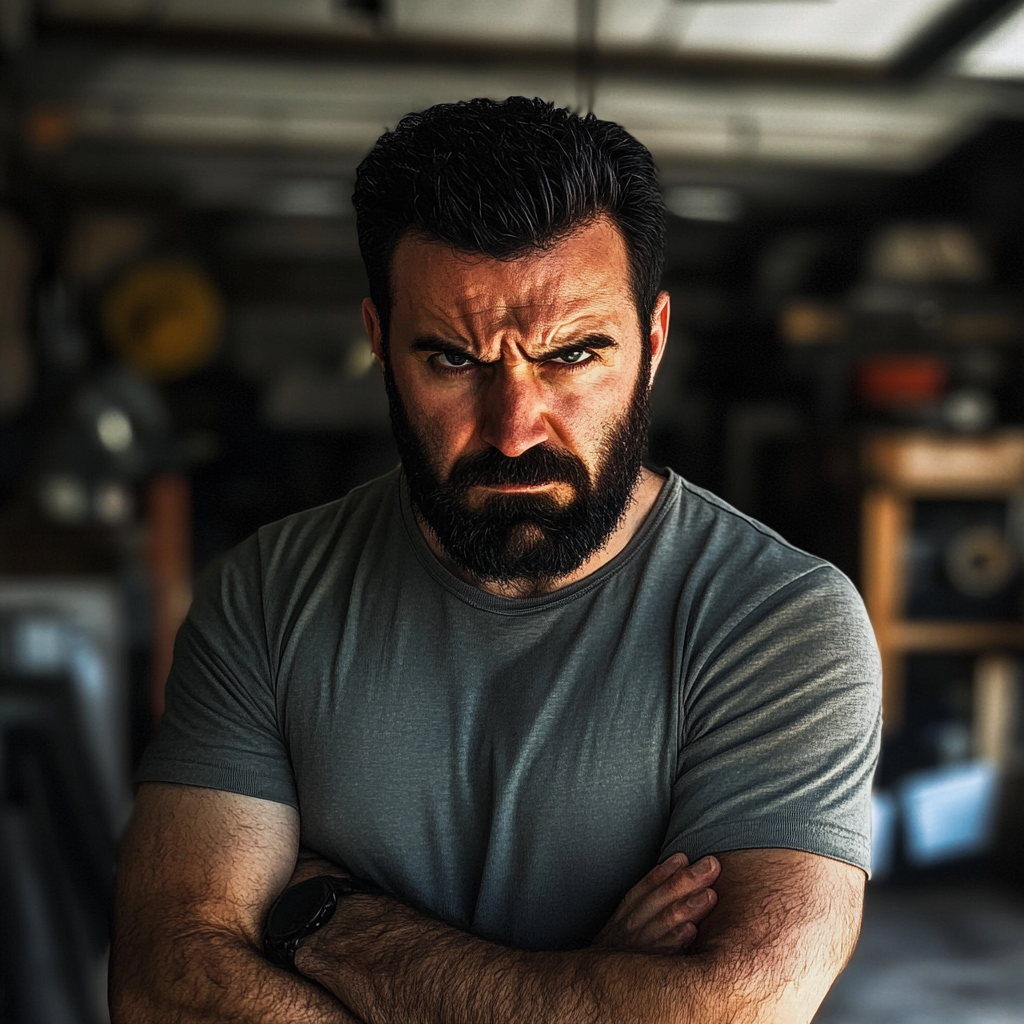 Ein wütender Mann steht in einer Garage | Quelle: Midjourney