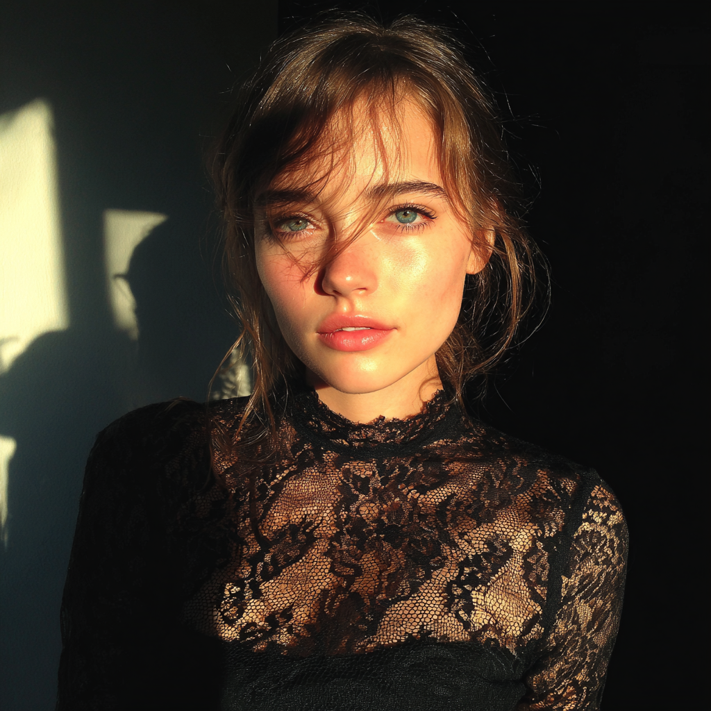 Eine emotionale Frau in einem schwarzen Spitzenkleid | Quelle: Midjourney