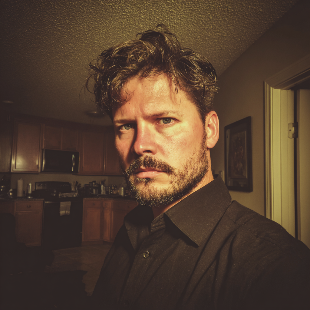 Ein stirnrunzelnder Mann, der ein schwarzes formelles Hemd trägt | Quelle: Midjourney