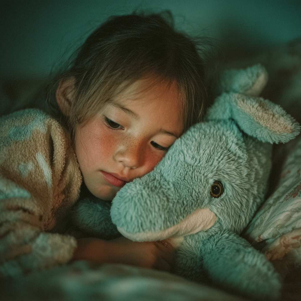 Ein trauriges kleines Mädchen liegt im Bett | Quelle: Midjourney