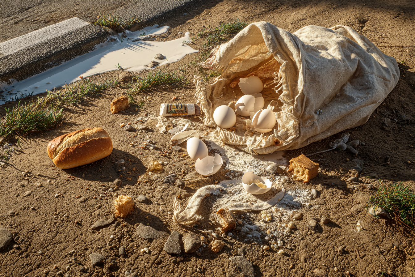 Eine zerrissene Tasche mit verschüttetem Inhalt | Quelle: Midjourney