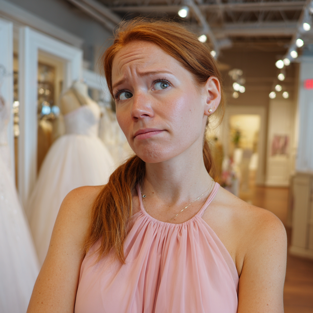 Eine stirnrunzelnde Frau in einem rosa Kleid | Quelle: Midjourney