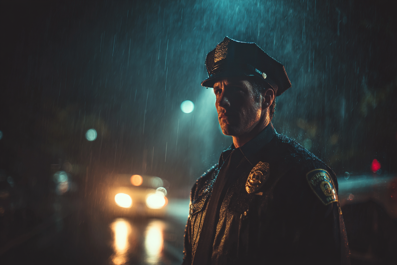 Ein Polizist steht im Regen | Quelle: Midjourney