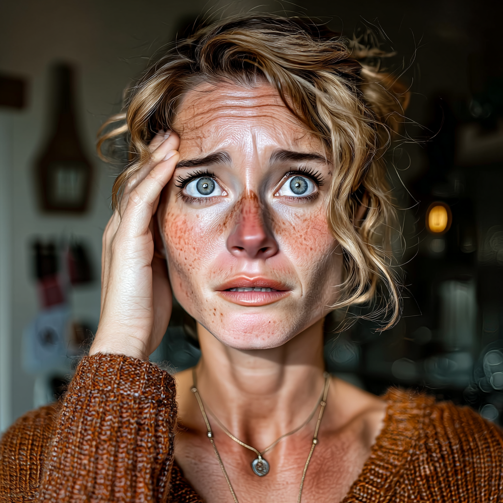 Eine verzweifelte Frau, die die Stirn runzelt | Quelle: Midjourney
