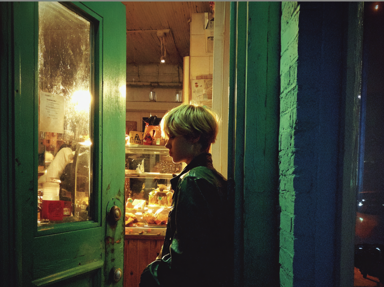 Ein Junge steht im Eingang einer Bäckerei | Quelle: Midjourney