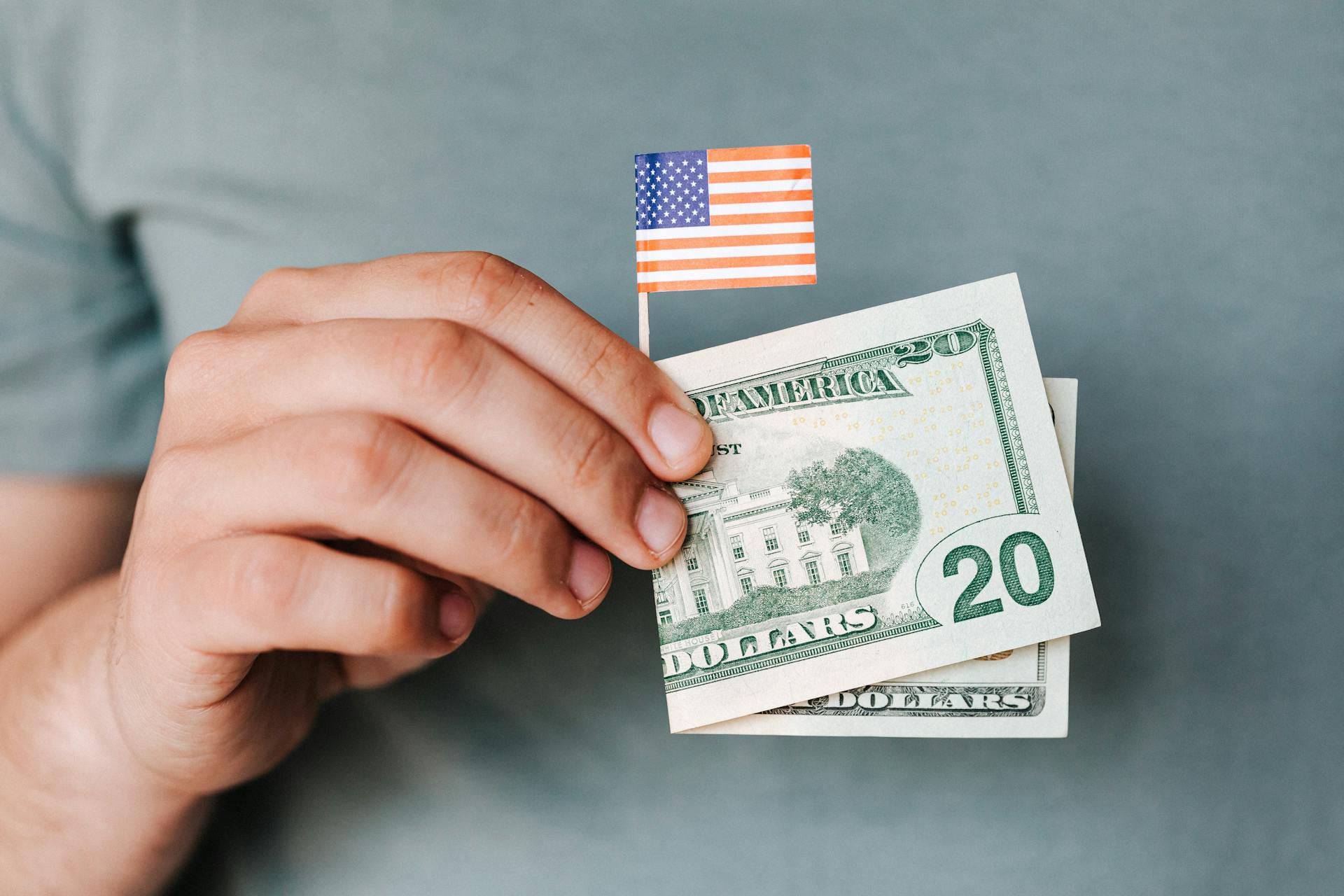 Ein Mann hält einen 20-Dollar-Schein und eine Miniatur-USA-Flagge in der Hand | Quelle: Pexels