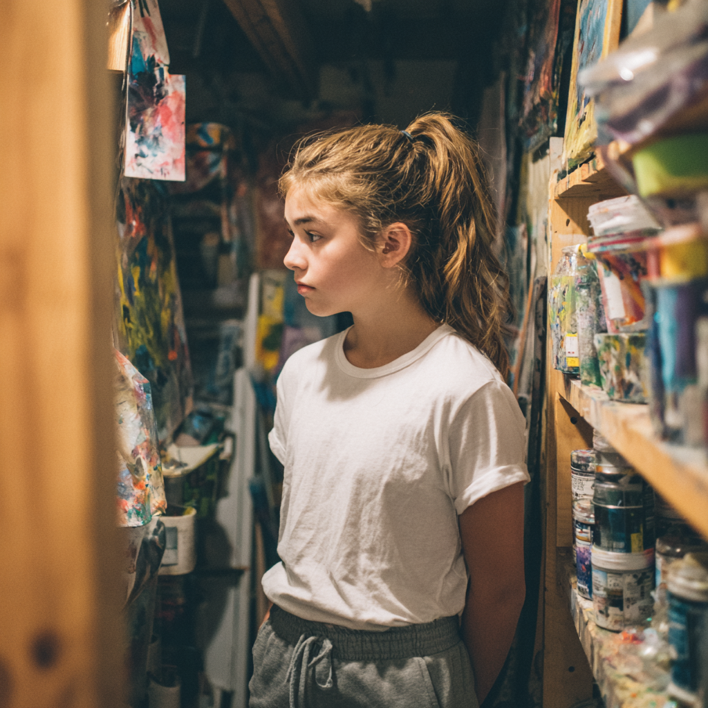 Ein aufgeregtes kleines Mädchen, das in einem Schrank für Kunstzubehör steht | Quelle: Midjourney