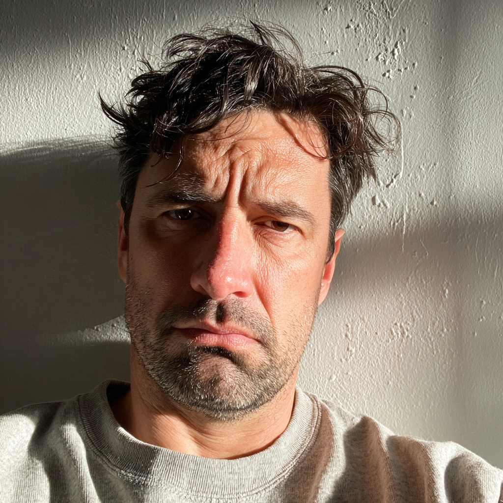 Ein stirnrunzelnder Mann, der an einer Wand lehnt | Quelle: Midjourney