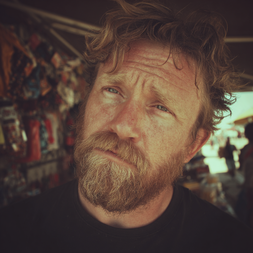Ein stirnrunzelnder Mann, der auf einem Flohmarkt steht | Quelle: Midjourney