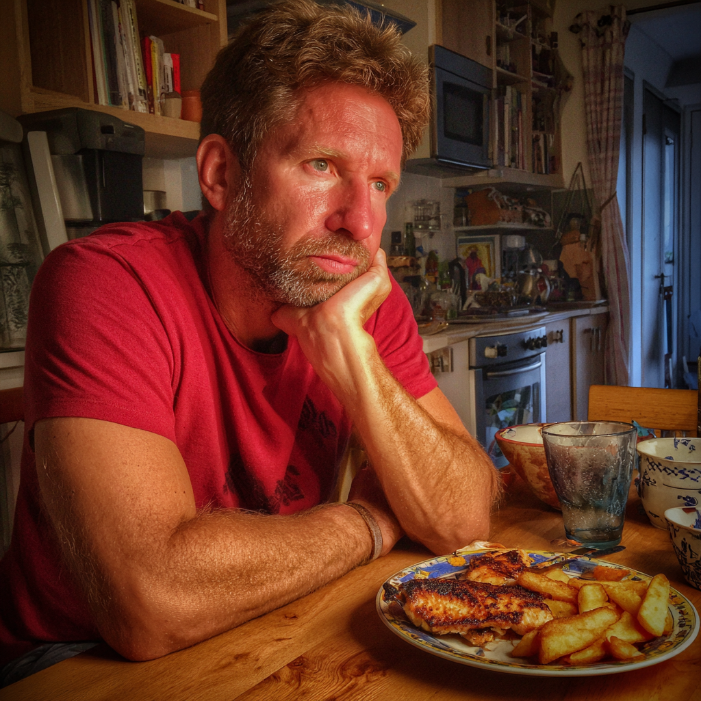 Ein mürrischer Mann sitzt an einem Tisch | Quelle: Midjourney