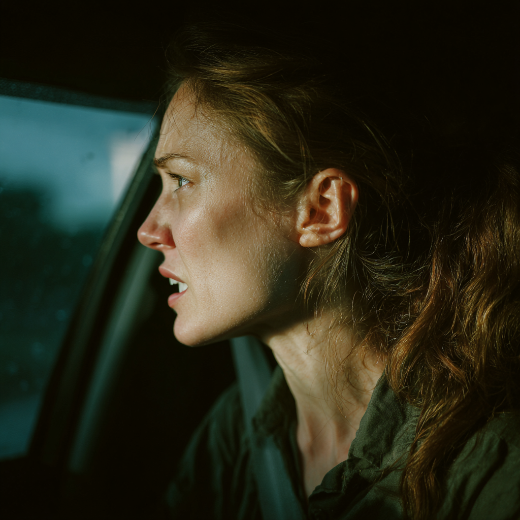 Eine verärgerte Frau, die aus einem Autofenster schaut | Quelle: Midjourney