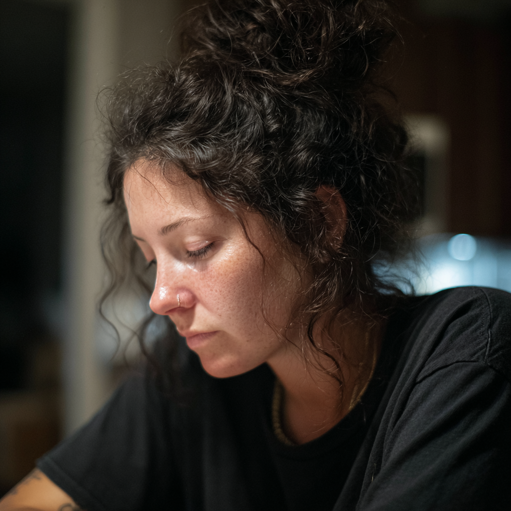 Eine emotionale Frau in einem schwarzen T-Shirt | Quelle: Midjourney