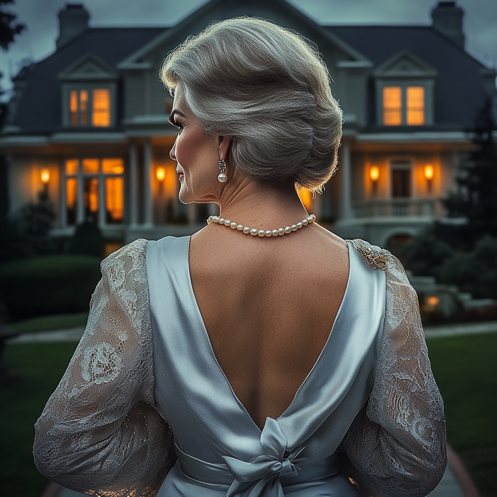 Eine ältere Frau, die vor ihrem Haus steht | Quelle: Midjourney