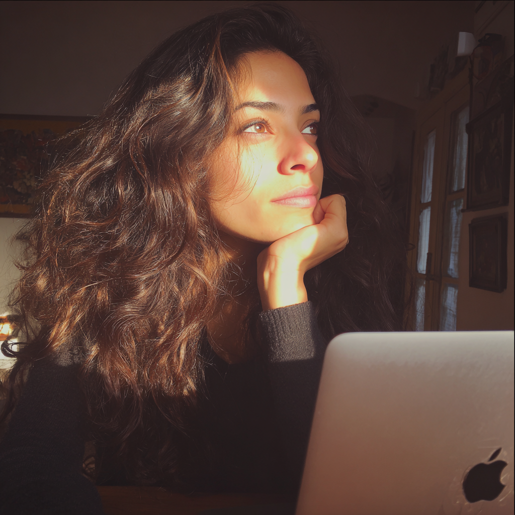 Eine nachdenkliche Frau sitzt vor ihrem Laptop | Quelle: Midjourney