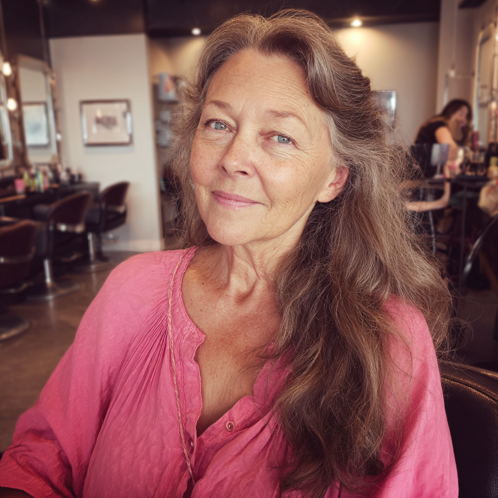 Eine lächelnde ältere Frau in einer rosa Bluse | Quelle: Midjourney