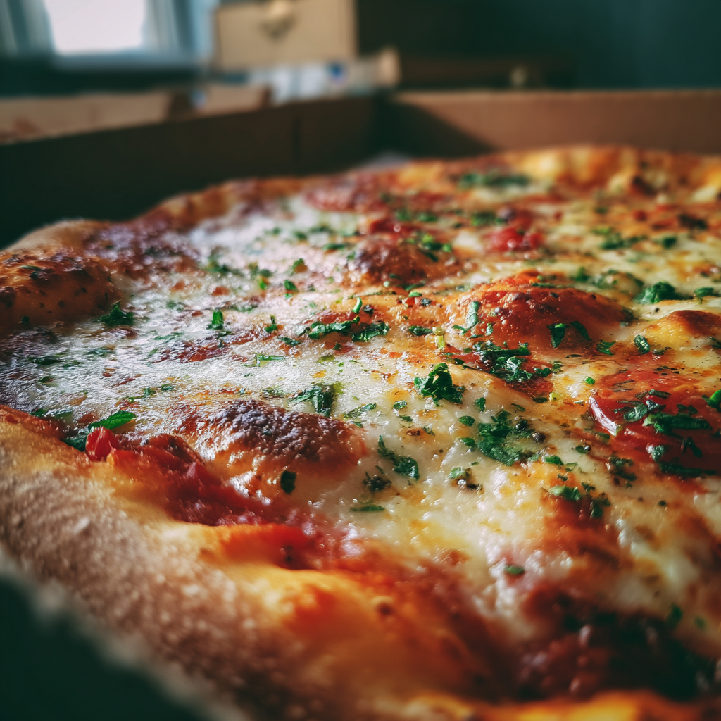 Eine Nahaufnahme von Pizza in einer Schachtel | Quelle: Midjourney