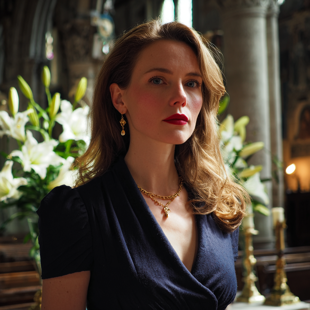 Eine Frau in einem marineblauen Kleid in einer Kirche | Quelle: Midjourney