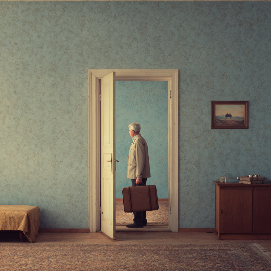 Ein Mann verlässt eine Eigentumswohnung | Quelle: Midjourney