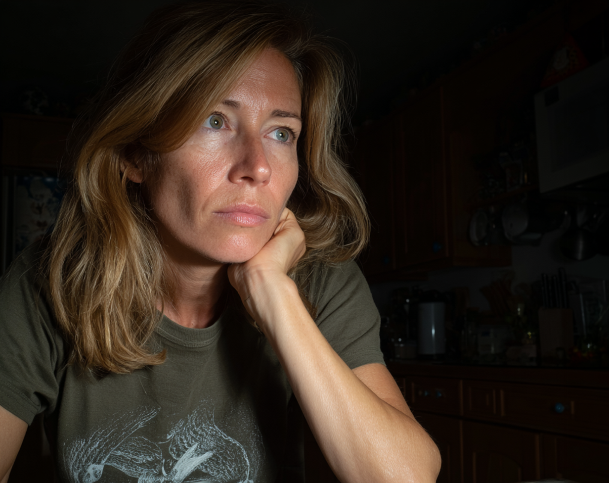 Eine nachdenkliche Frau, die an einem Tisch sitzt | Quelle: Midjourney