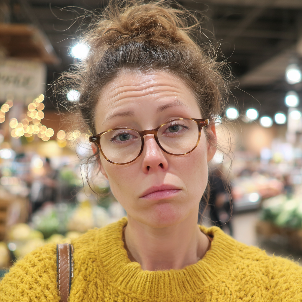 Eine müde Frau in einem Lebensmittelladen | Quelle: Midjourney