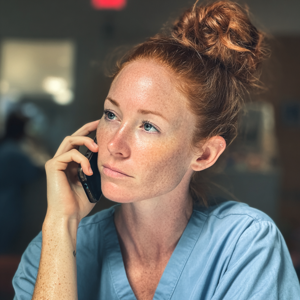 Eine Frau in OP-Kleidung, die am Telefon spricht | Quelle: Midjourney