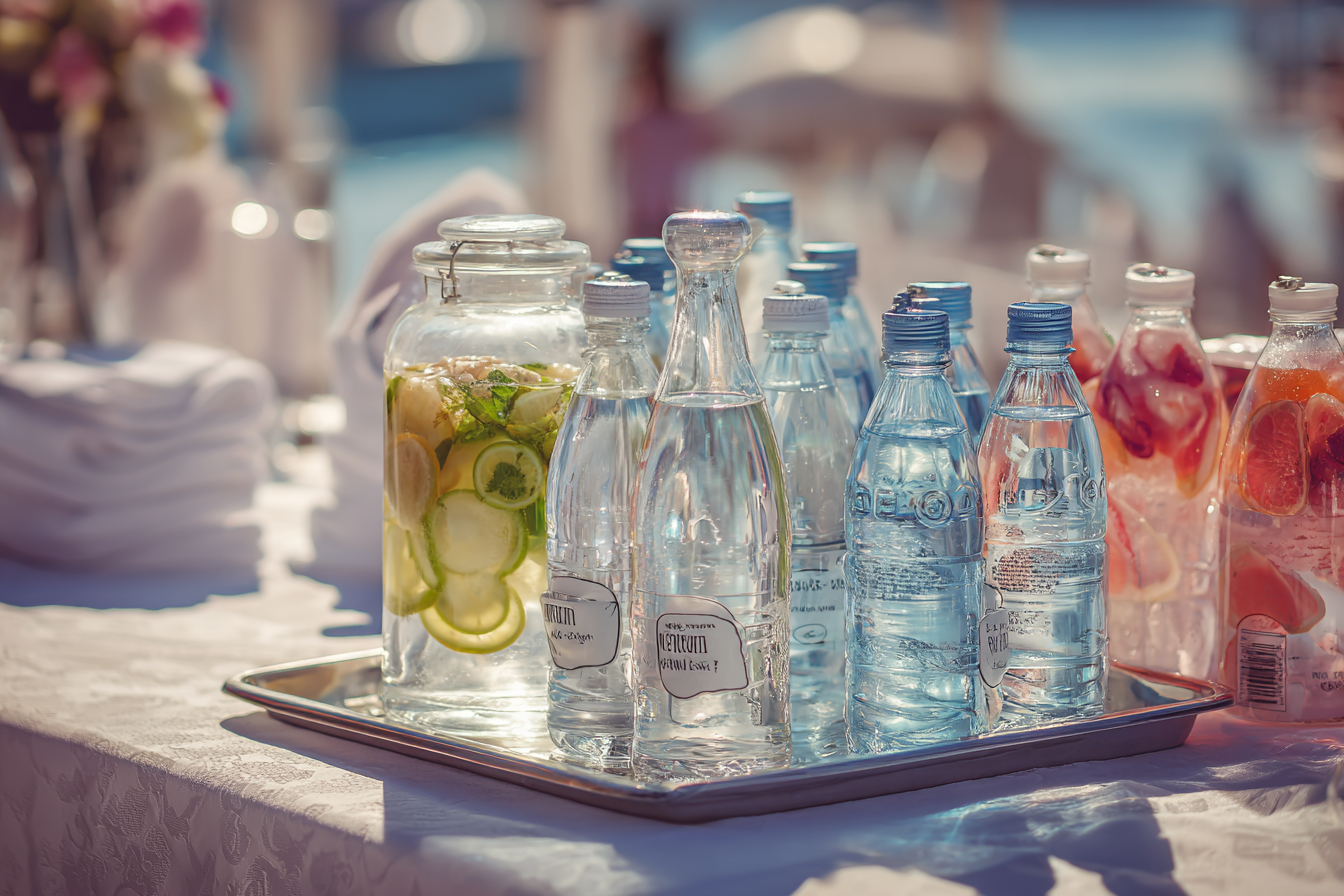 Flaschen mit Wasser und Saft | Quelle: Midjourney