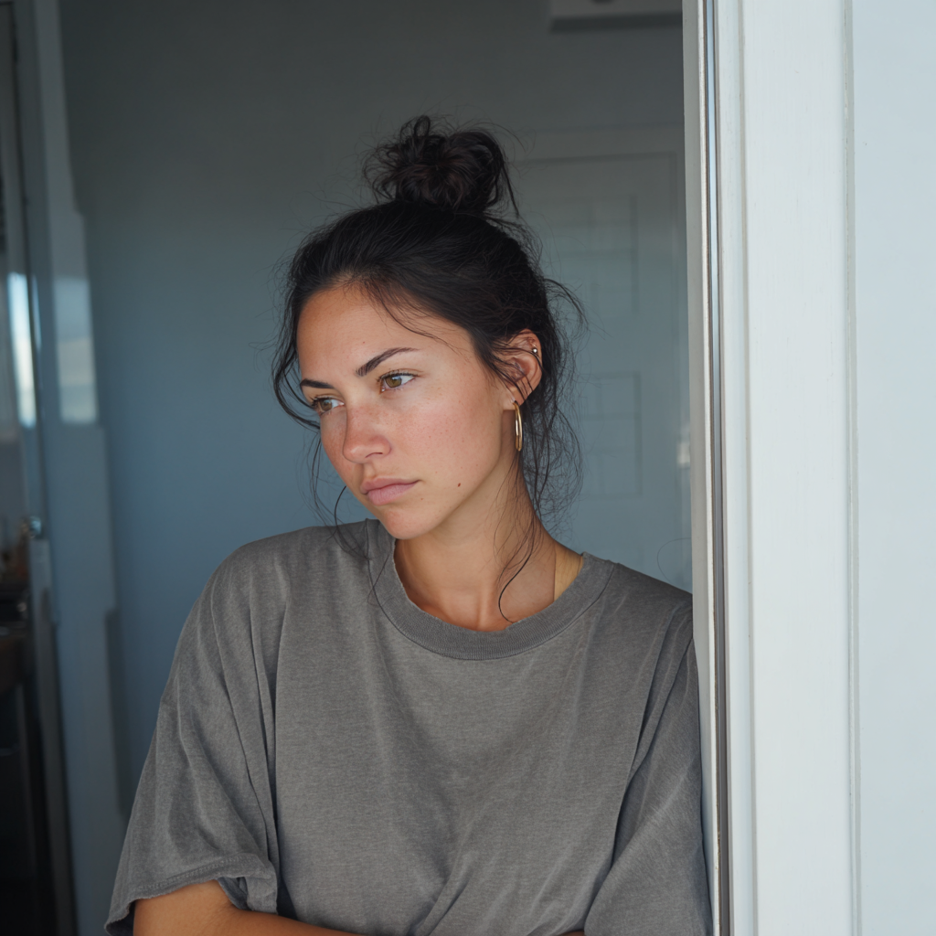 Eine genervte Frau in einem grauen T-Shirt | Quelle: Midjourney