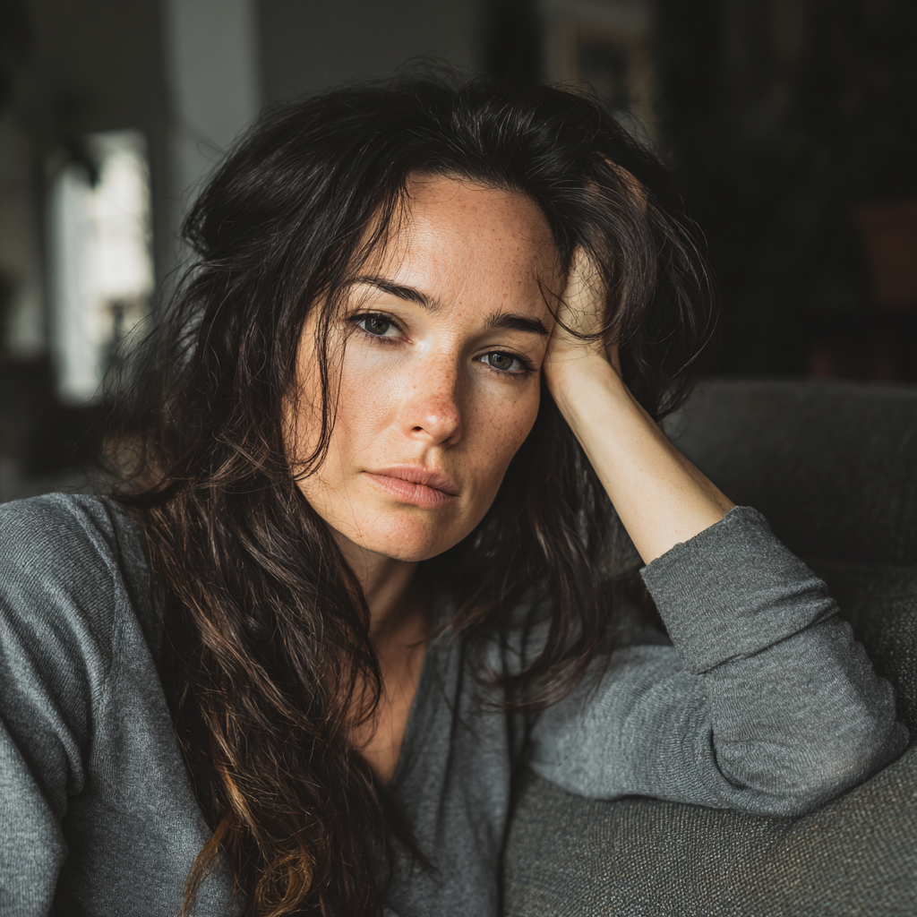 Eine aufgebrachte Frau sitzt auf einer Couch | Quelle: Midjourney
