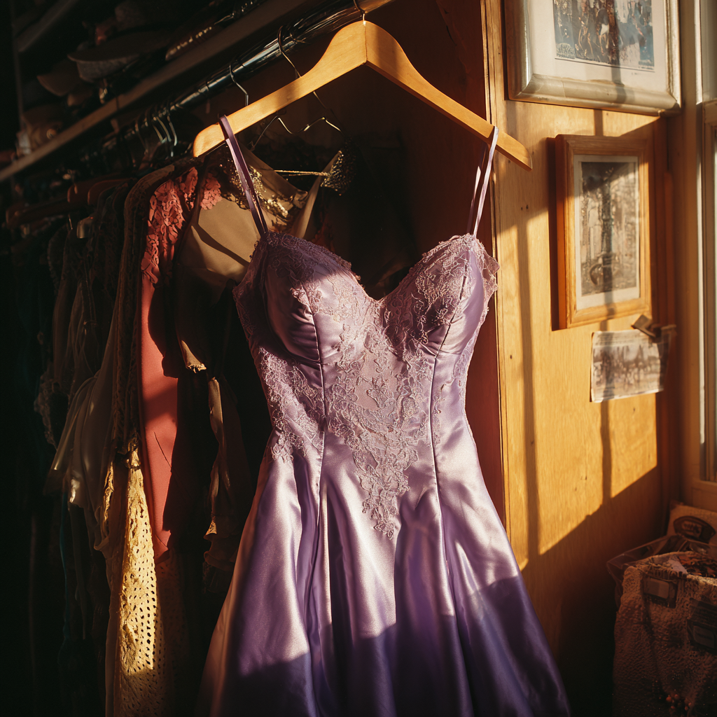 Ein Abschlussballkleid, das in einem Kleiderschrank hängt | Quelle: Midjourney