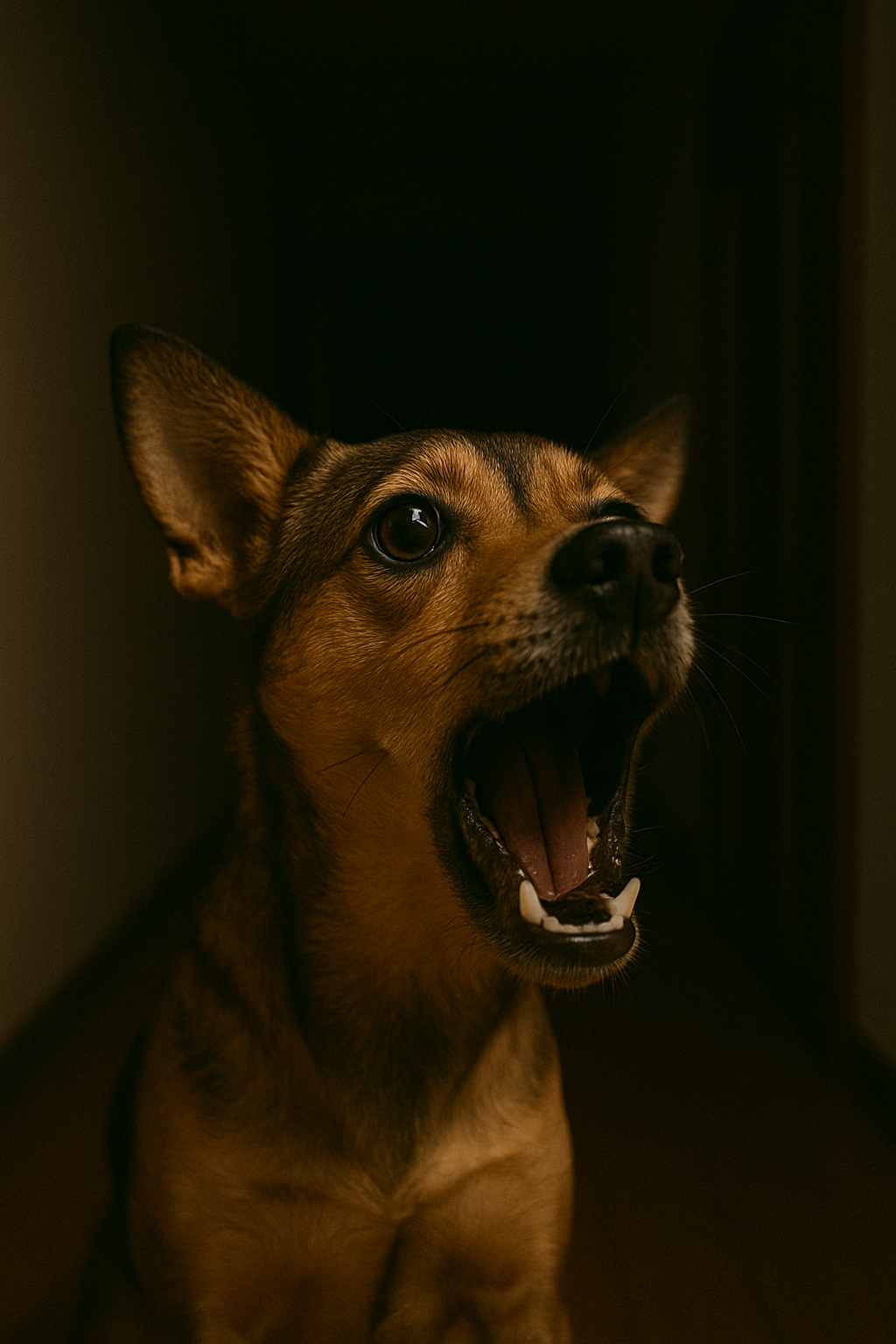 Ein bellender Hund in einem verdunkelten Flur | Quelle: DALL-E