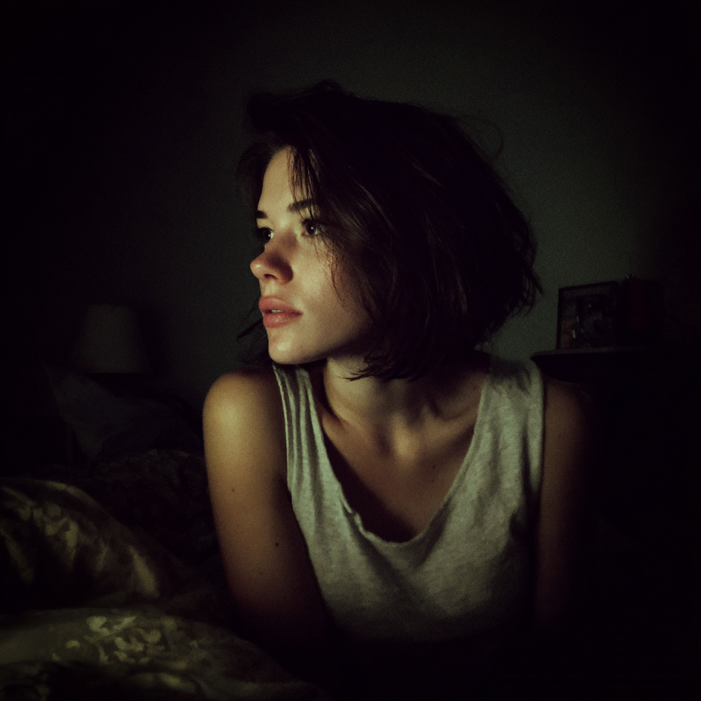 Eine nachdenkliche Frau, die auf einem Bett sitzt | Quelle: Midjourney