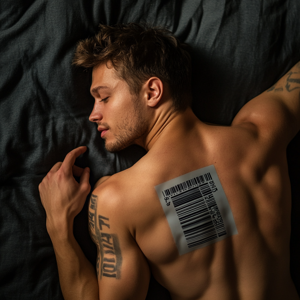 Ein Mann mit einem Barcode auf seinem Rücken | Quelle: Midjourney