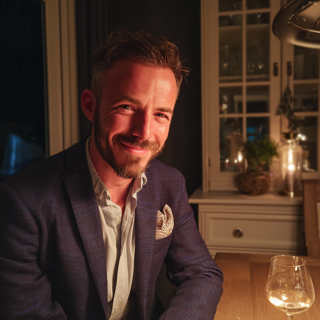 Ein lächelnder Mann, der an einem Esstisch sitzt | Quelle: Midjourney
