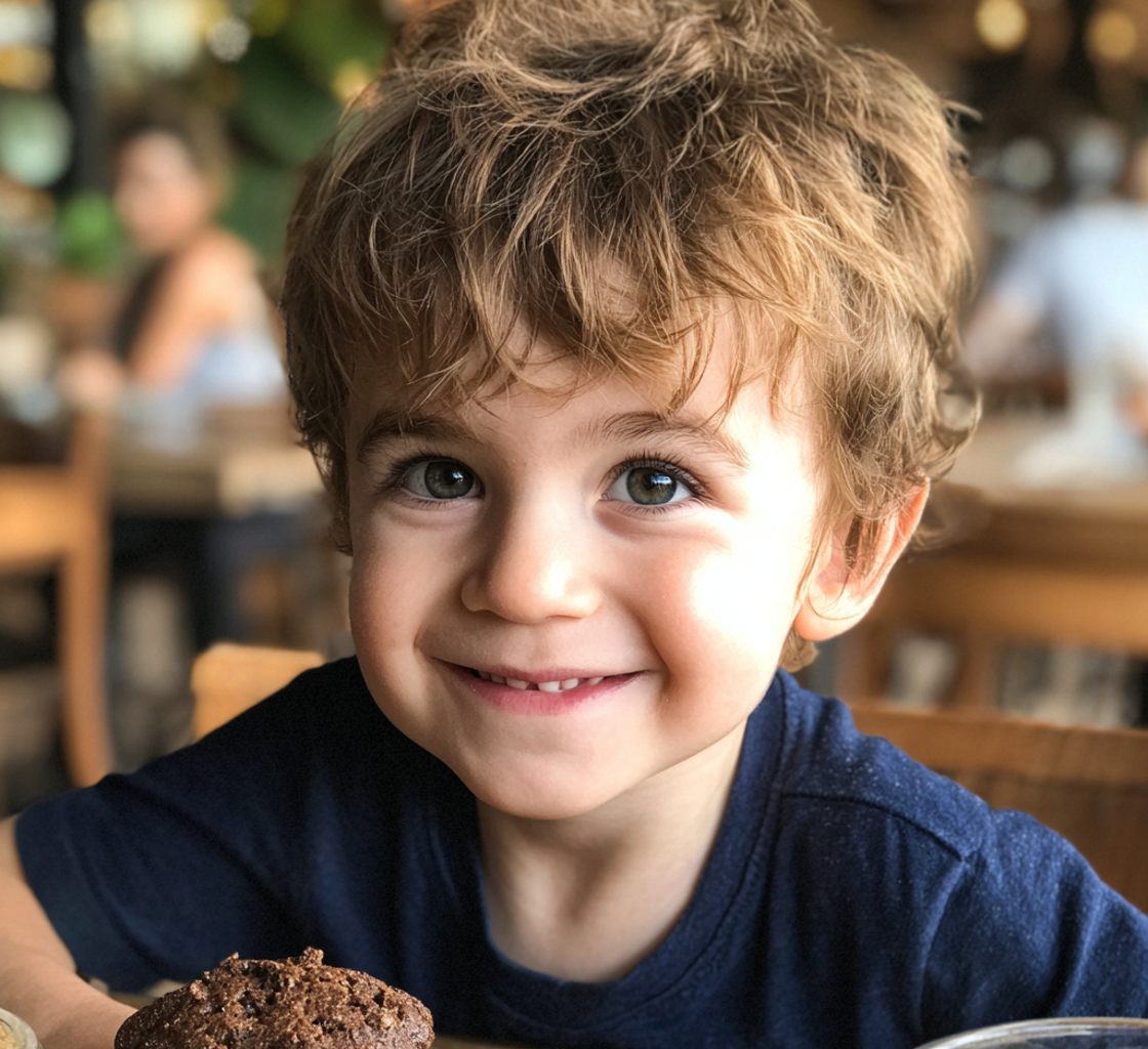Ein lächelnder kleiner Junge sitzt in einem Café | Quelle: Midjourney