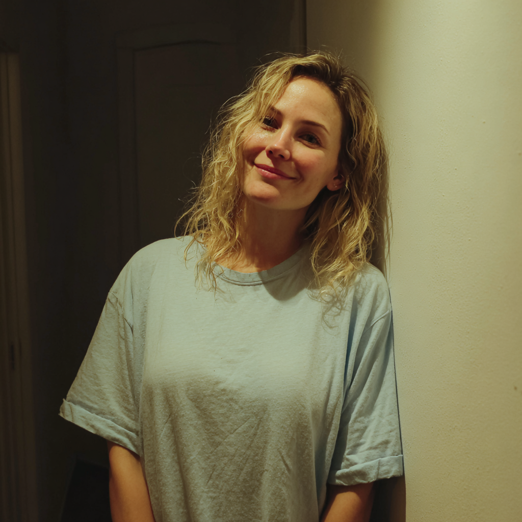 Eine lächelnde Frau, die an einer Wand lehnt | Quelle: Midjourney
