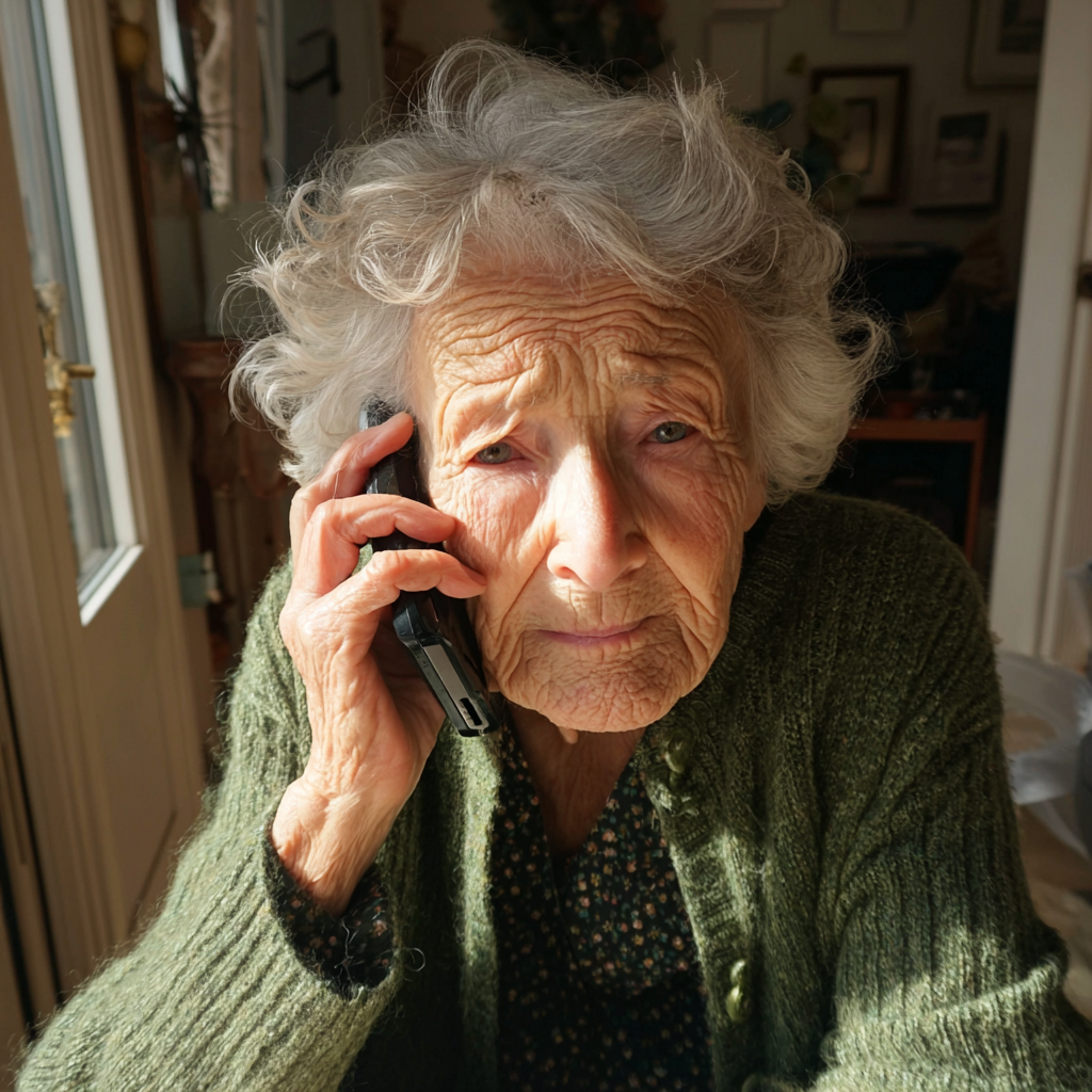 Eine aufgeregte alte Frau, die telefoniert | Quelle: Midjourney