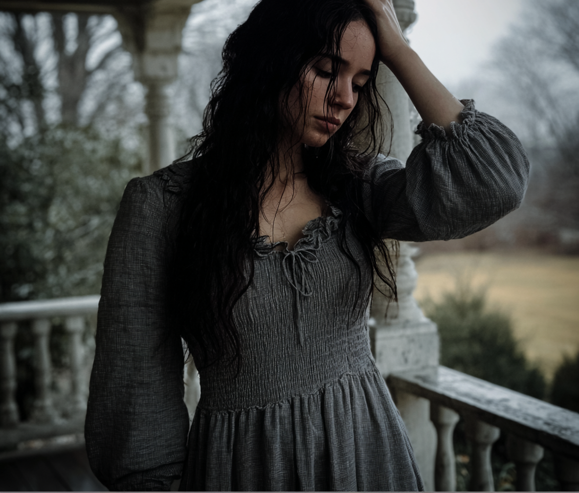 Eine emotionale Frau, die mit der Hand auf dem Kopf steht | Quelle: Midjourney