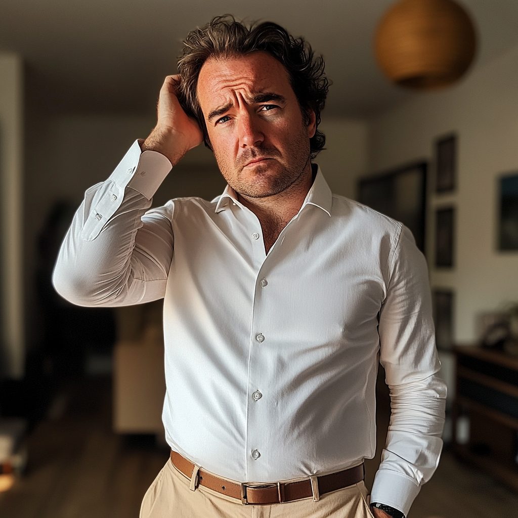 Ein unbequemer Mann, der in einem Wohnzimmer steht | Quelle: Midjourney