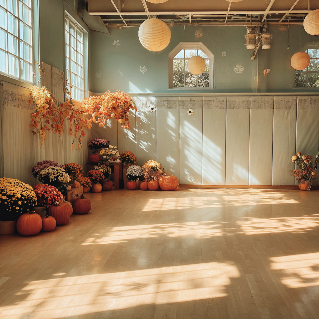 Eine für den Herbst geschmückte Schulturnhalle | Quelle: Midjourney
