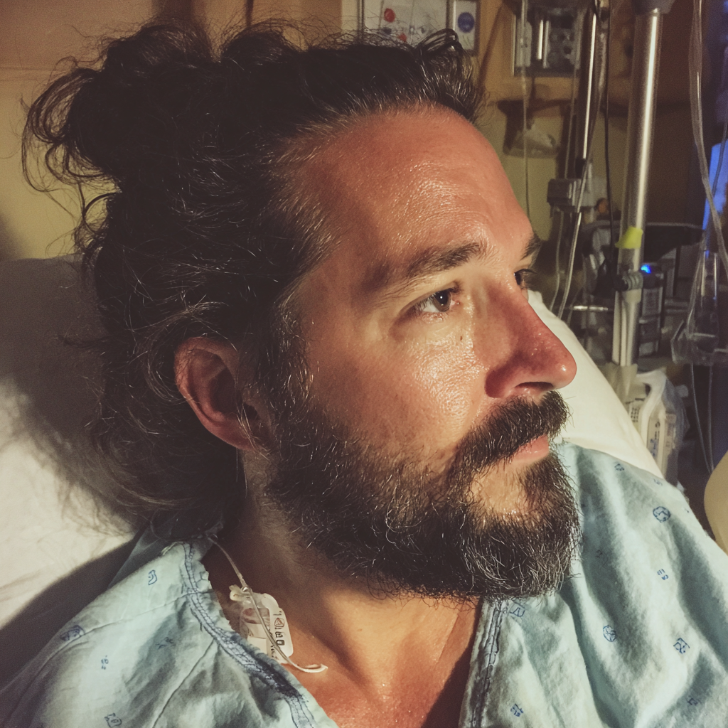 Eine Nahaufnahme eines Mannes, der in einem Krankenhausbett sitzt | Quelle: Midjourney