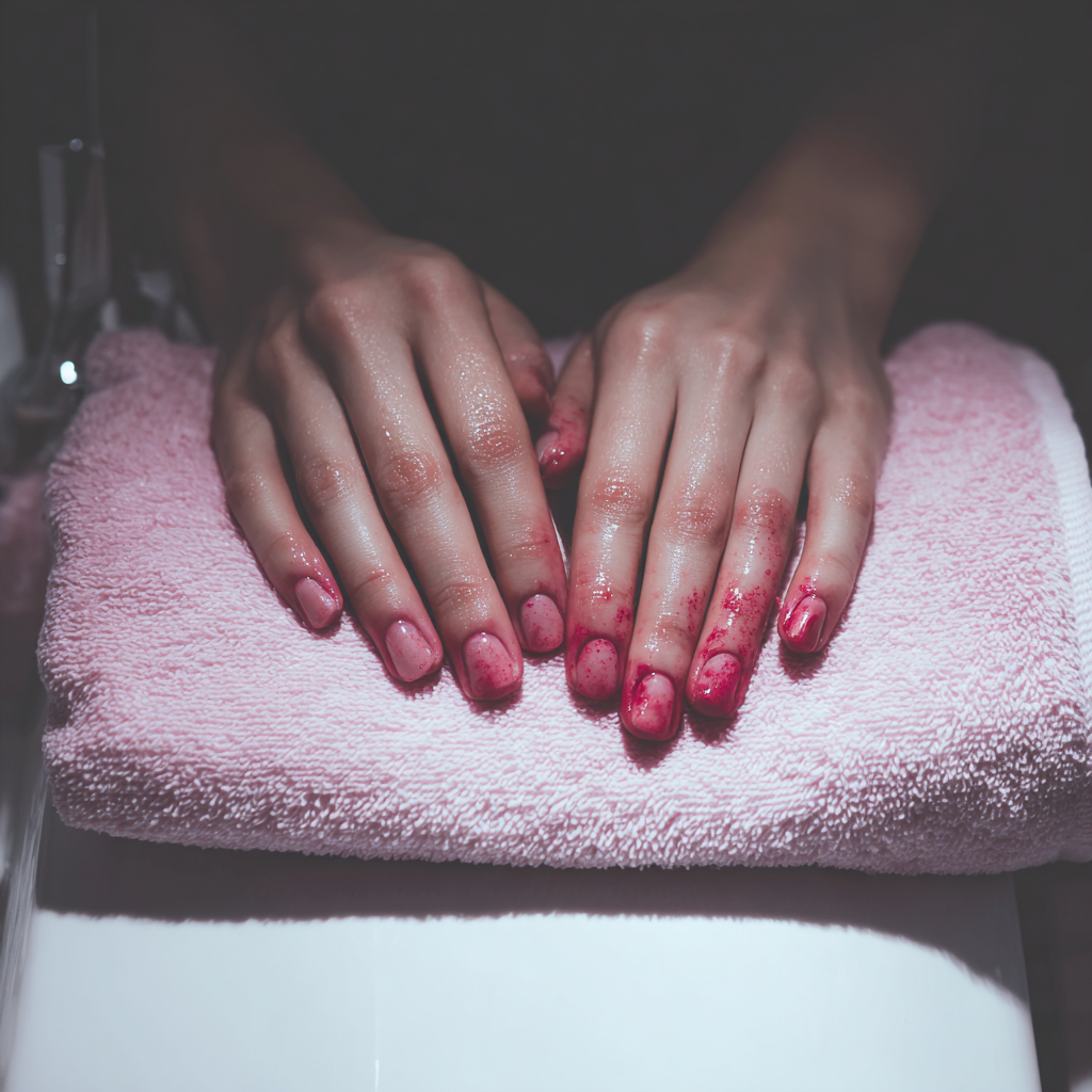 Eine Frau mit blutverschmierten Händen in einem Nagelstudio | Quelle: Midjourney