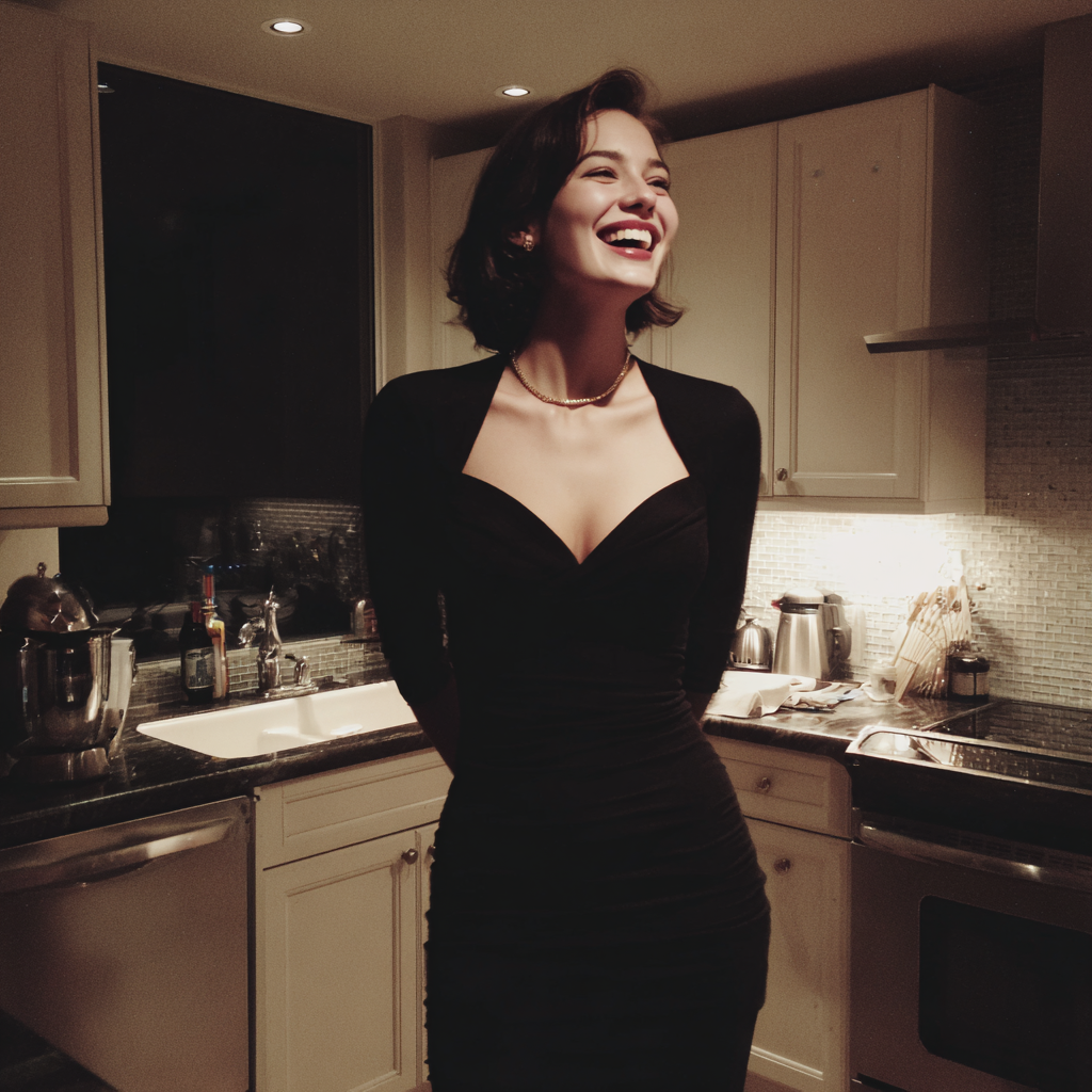 Eine amüsierte Frau, die in einer Küche steht | Quelle: Midjourney
