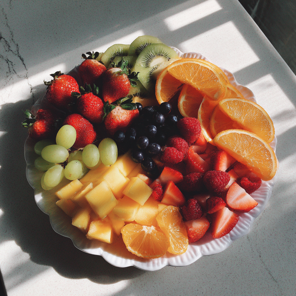 Ein Teller mit frisch geschnittenem Obst | Quelle: Midjourney