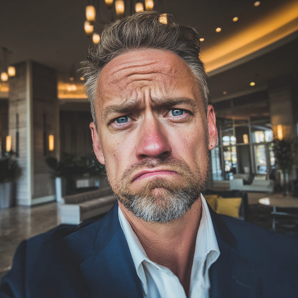Ein stirnrunzelnder Hotelmanager in einem marineblauen Anzug | Quelle: Midjourney