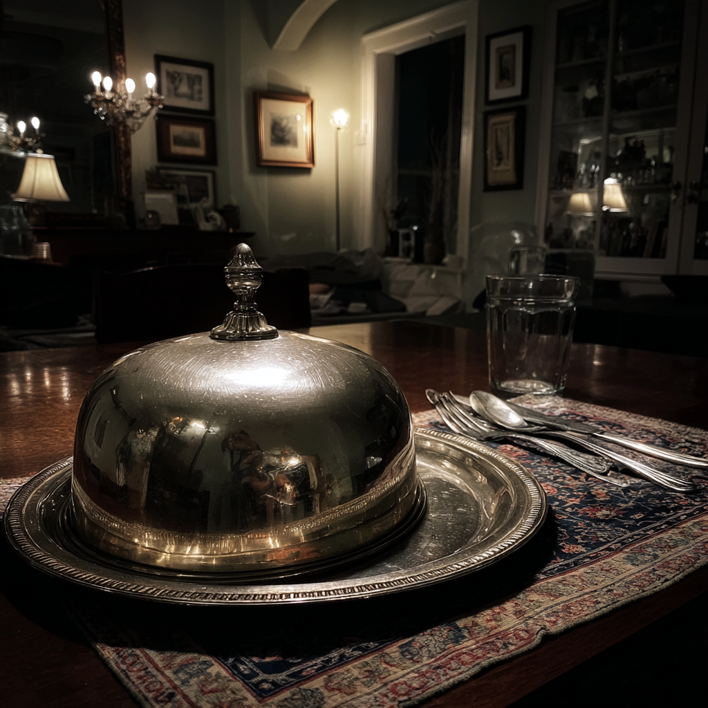 Eine silberne Cloche auf einem Tisch | Quelle: Midjourney