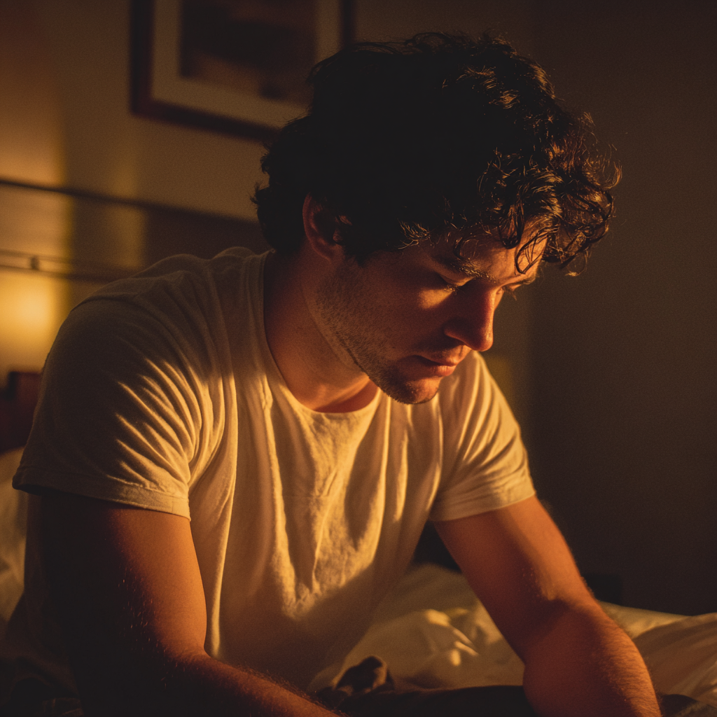 Ein aufgebrachter Mann sitzt auf einem Bett | Quelle: Midjourney