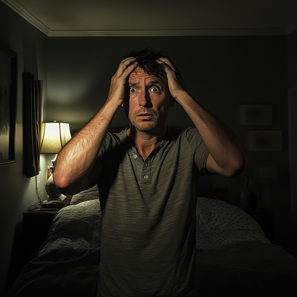 Ein Mann, der in einem Schlafzimmer steht und sich den Kopf hält | Quelle: Midjourney