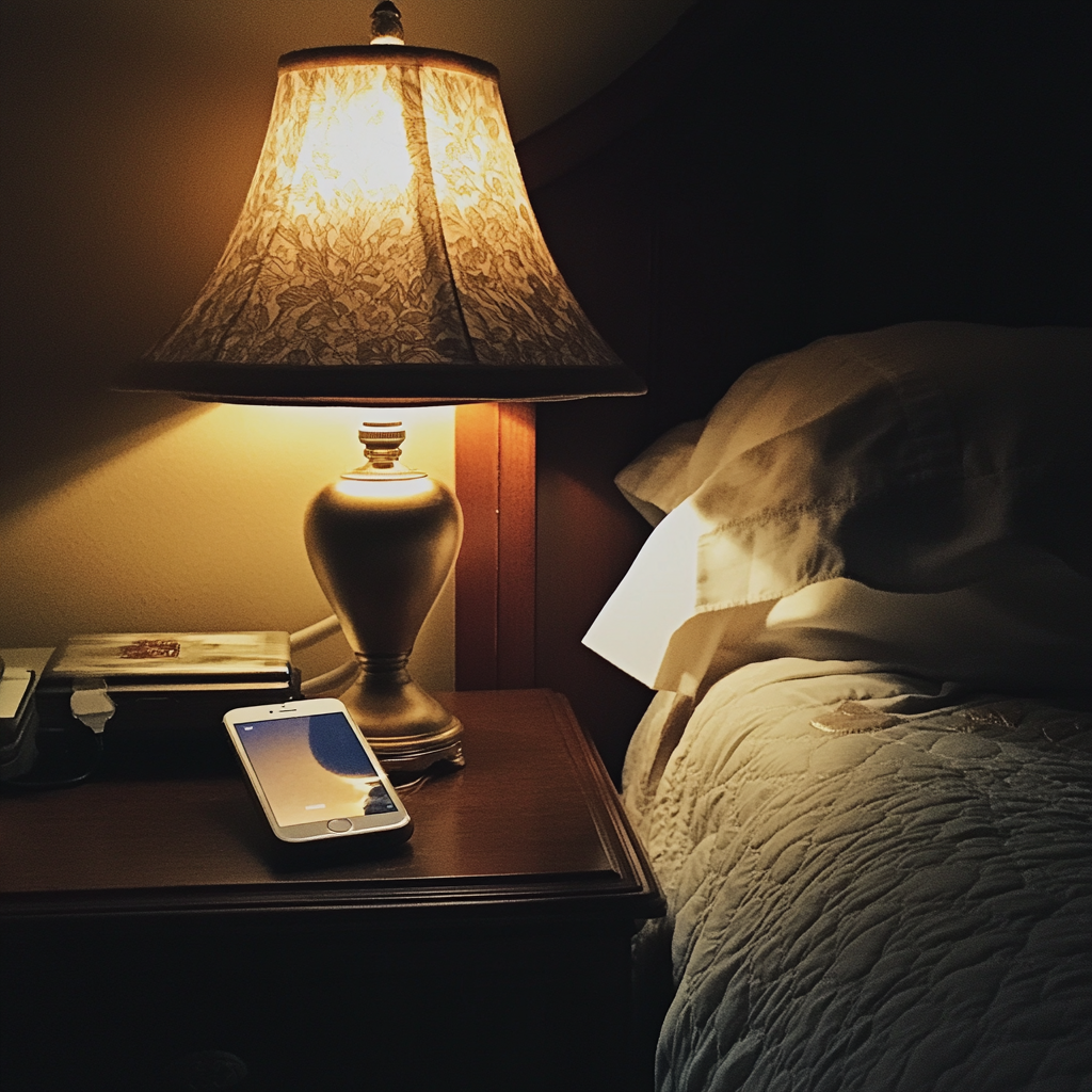 Ein Mobiltelefon auf einem Nachttisch | Quelle: Midjourney